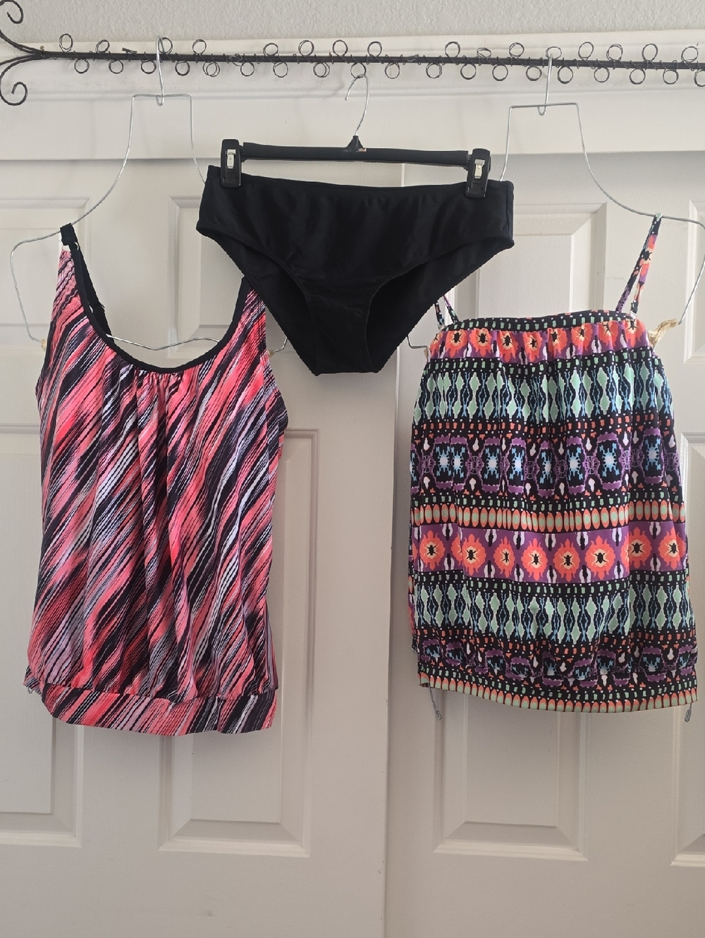 Pink & Black Patterned One-Piece Swim Top with Black Bottoms